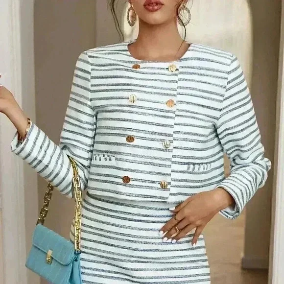 Multicolor Casual Womens Striped Print Double Breasted Jacket & Bodycon Skort - Picture 5 of 5